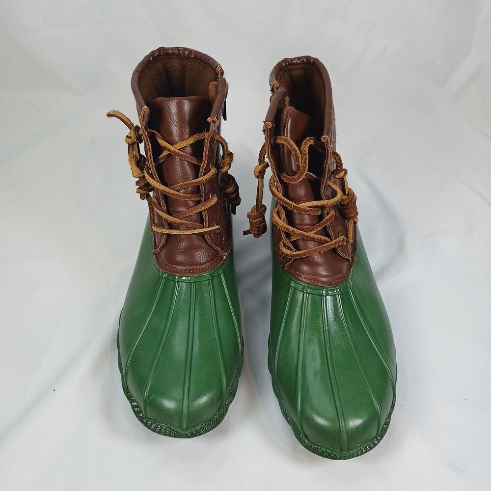 Steve Madden Duck Boots Women’s Size 8 Green Rubber Brown Leather Quilted Winter - Picture 7 of 13